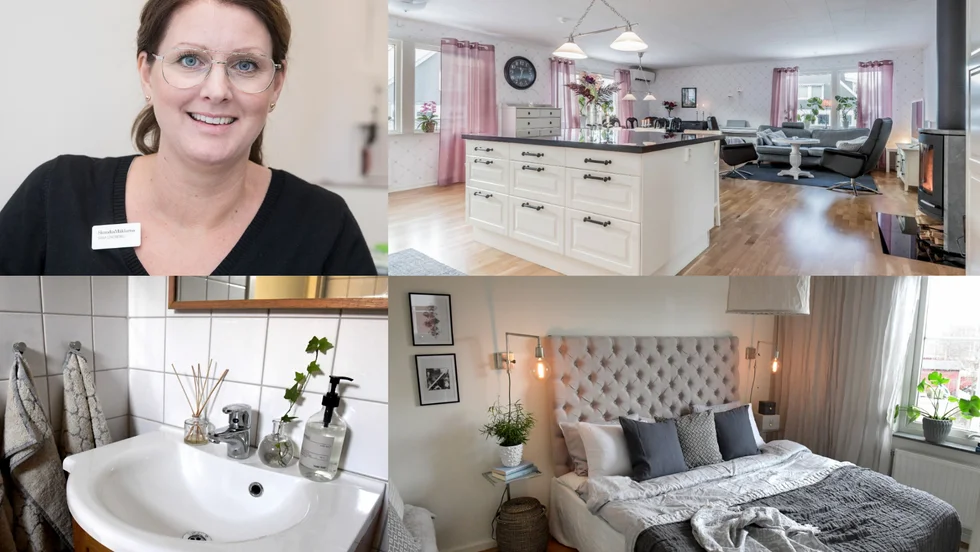 Sara Lindberg är mäklare hos Skandiamäklarna. Vardagsrummet till höger ligger i en villa som såldes i Katrineholm tidigare i år. 
Homestylingen ska bidra till att hemmet känns rent och fräscht, men ändå ombonat. 