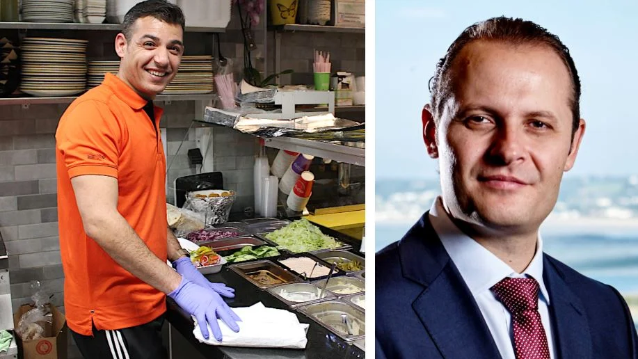 Alaaeddin Alswad, till vänster, stöttas nu ekonomiskt av affärsmannen Toni Nijm. Detta sker i samband med att Falafelhuset skänker 2 200 lunchrullar till personalen på Universitetssjukhuset i Linköping.