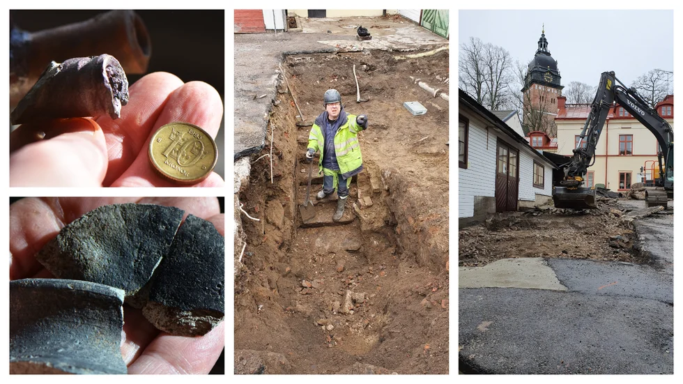 Pip/handtag, importerat från Tyskland tidigast under 1200-talet. Svartgods från 1100–1200-talet. Arkeolog Patrik Gustafsson Gillbrand står i en trappa från 1700-talet. Tomten ligger nära domkyrkan.