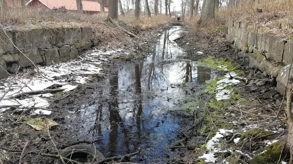 En delvis torrlagd kanal ett par hundra meter från väg 290 vid Österby Gjuteri.