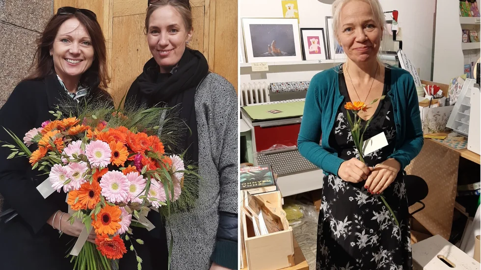 Lisa Thörn och Carolina Berg från Uppsala Citysamverkan delade i veckan ut blommor till personal och företagare i citykärnan. En av dem som fick en bukett var Eija Lietoff Schüssler i barnbokhandel Läslusen på Drottninggatan.