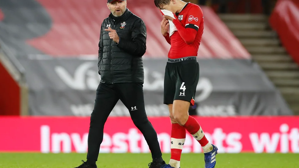 Southamptons tränaren Ralph Hasenhüttl, vänster, tillsammans med Jannik Vestergaard. Arkivbild.