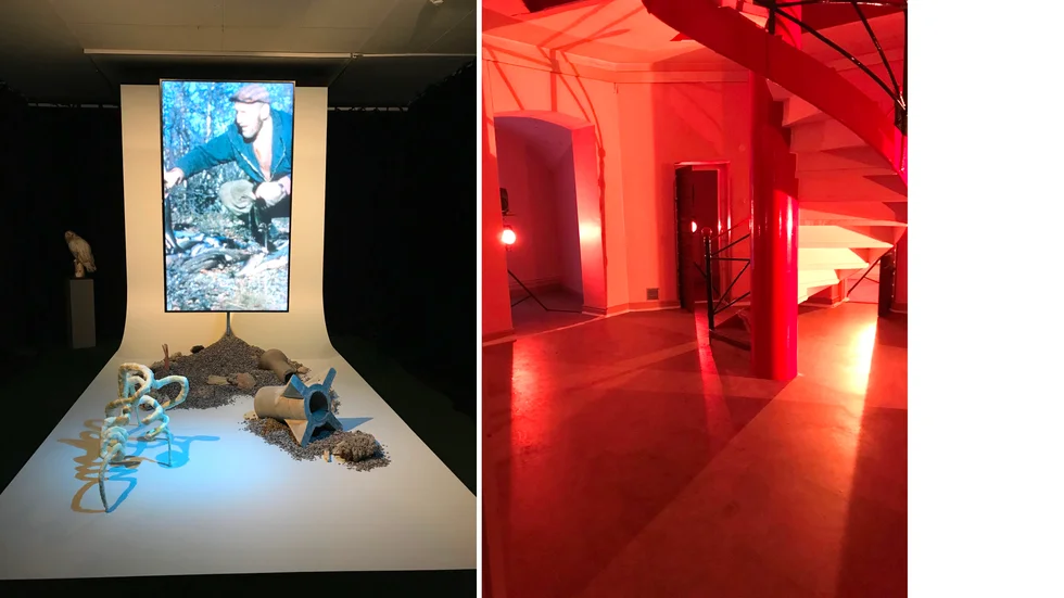 Till vänster Erik Thörnqvists installation "Big science small country" på Norrbottens museum. Till höger Maria W Horns musik- och ljuskonst-installation i före detta fängelset Vita Duvan i Luleå.