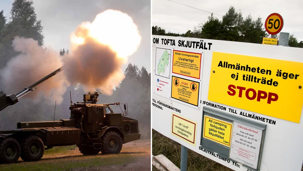 Frågan om miljötillståndet för skjutfältet ligger på regeringens bord. Till vänster artillerisystemet Archer som Försvarsmakten vill kunna använda för skjutning från de fem yttre artilleriöar som föreslås på Gotland.