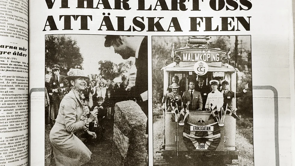 Folkfest och kungliga komplimanger till Flen 1980. Med Carl XVI Gustaf vid fartspaken rullar museispårvagnen fram i Malmköping.