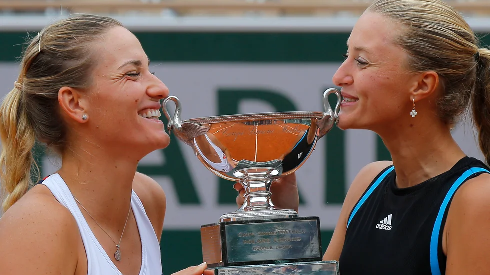 Timea Babos och Kristina Mladenovic får inte spela vidare i US Open. Arkivbild.