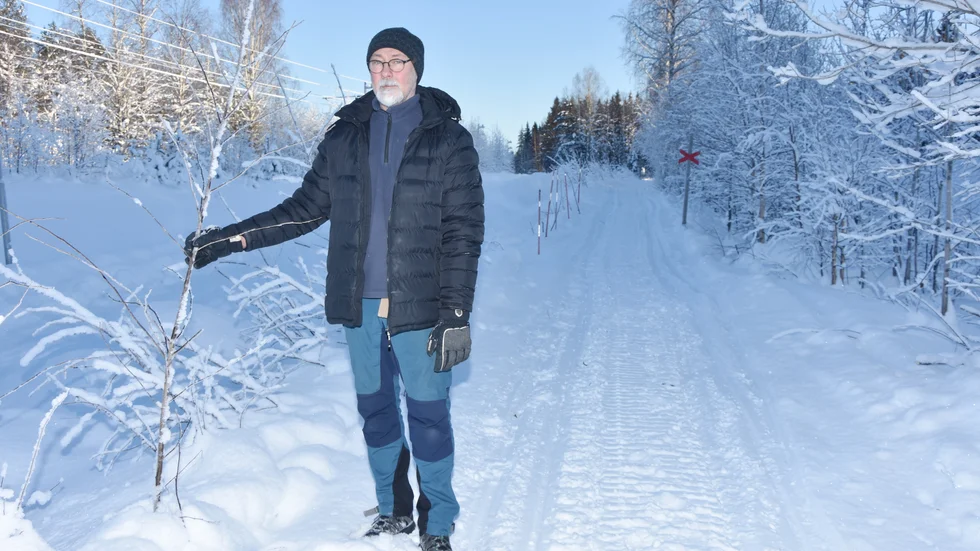 Conny Blomberg berättar att de förra helgen röjde bort allt sly från leden så att åkarna ska se den tydligt och kunna färdas på den."Så här högt var det."