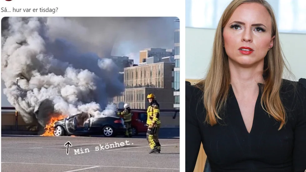 Sara Skyttedal (KD) publicerade en bild på Twitter efter att hennes bil börjat brinna.