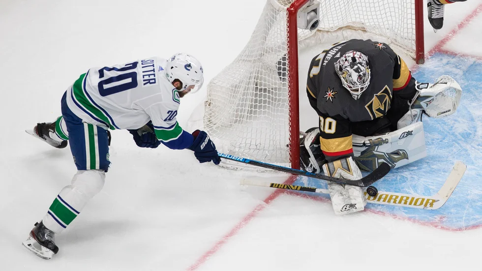 Vancouver Canucks Brandon Sutter i samband med en match mot Vegas Golden Knights. Arkivbild.