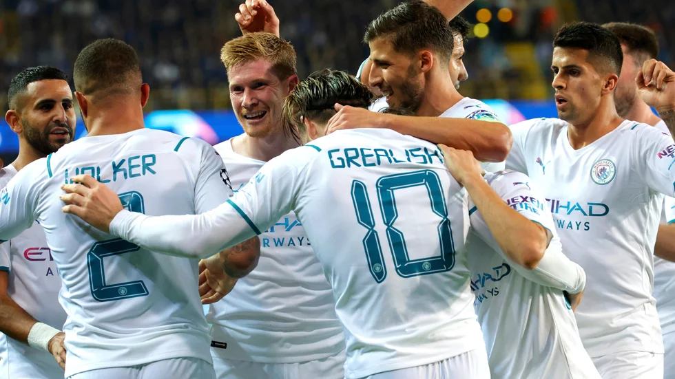 Manchester City firar ett av de fem målen mot Club Brygge i Champions League grupp A.
