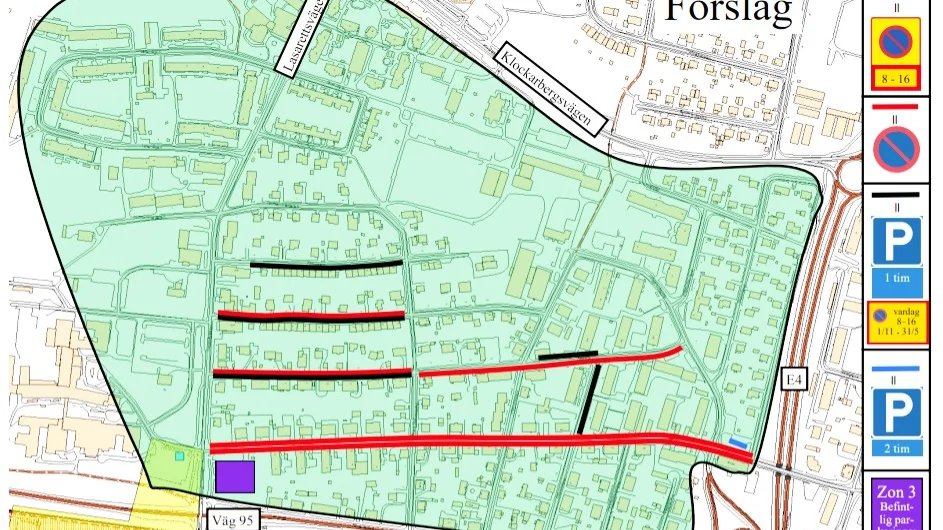 Grönt område får p-förbud på vardagar. Gator med röda linjer får parkeringsförbud dygnet runt, svarta linjer tillåter en timmes parkering.
