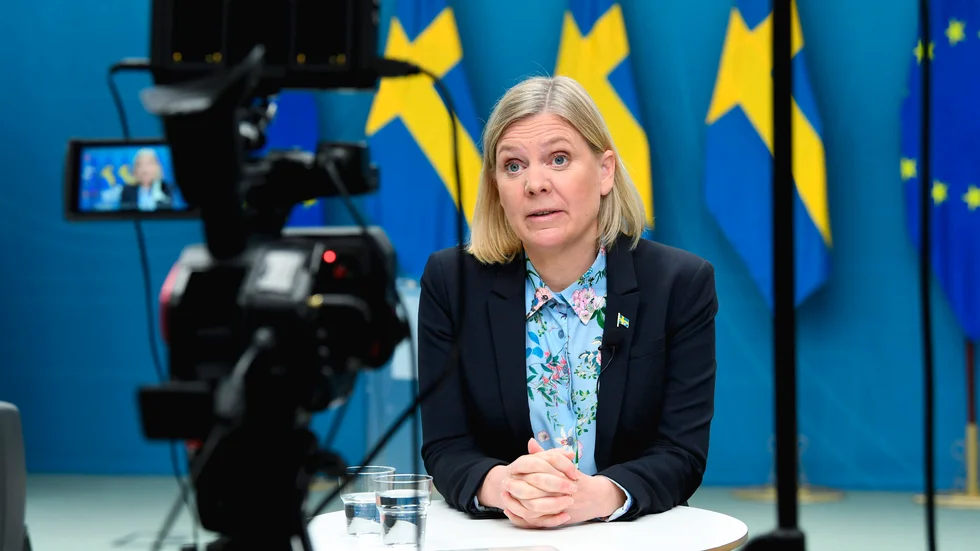 Finansminister Magdalena Andersson talade pandemianpassat digitalt på pressträffen om vägen ut ur pandemins ekonomiska undantagstillstånd.