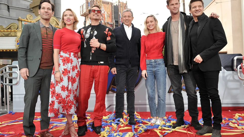 Några av skådespelarna i "Avengers: Endgame" poserar för fotografer. Filmen spelades in i den amerikanska delstaten Georgia. Arkivbild.