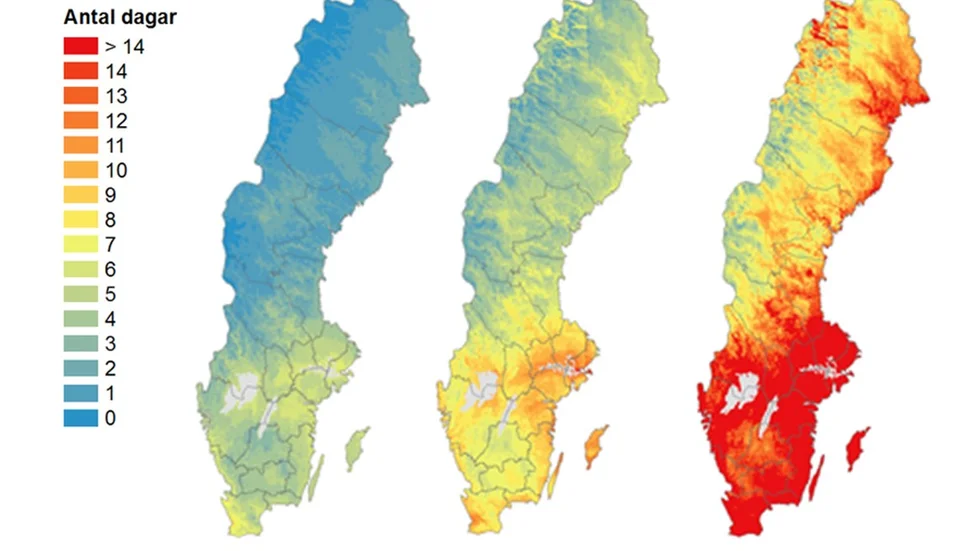 Antalet dagar av värmebölja. Den mittersta kartan visar de beräknade antalet dagar om utsläppen minskar 2040, den högra kartan visar antalet dagar om utsläppen tredubblas.