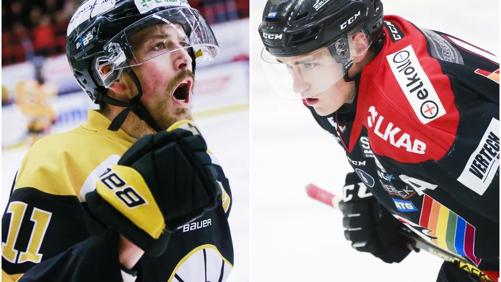 Nu väntar ett hett Kirunaderby på Lombia. Viktor Mikko, Kiruna AIF, tv, och Simon Thyni, Kiruna IF till höger.