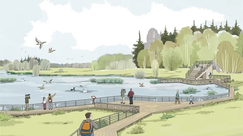 Tidig idéskiss, framtagen av Katrineholms kommun, över hur våtmarken är tänkt att se ut. 
