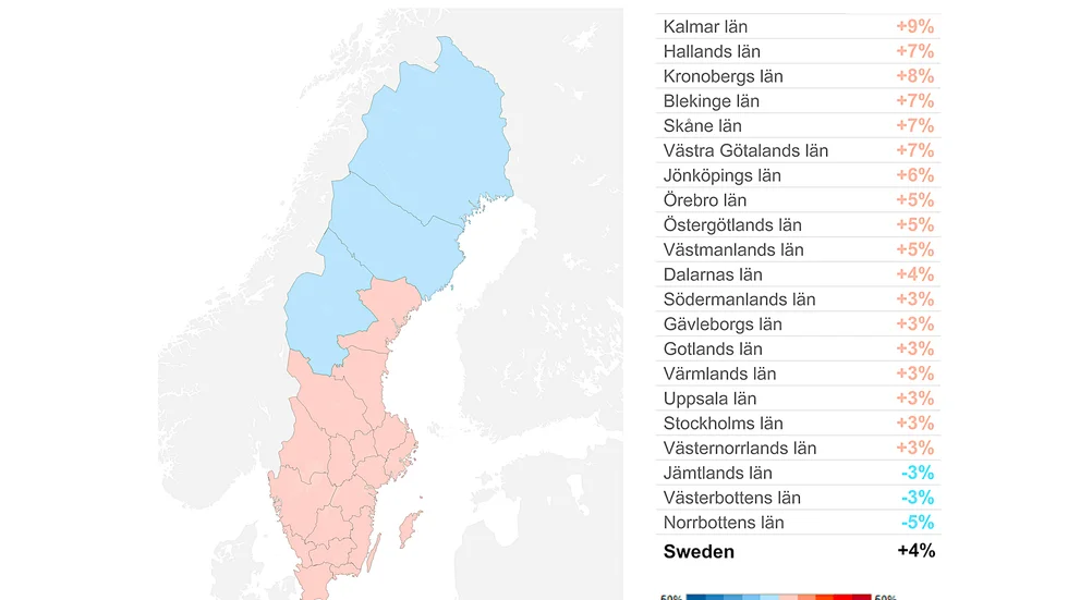 Telias karta visar hur svenskarnas resvanor förändrats under vecka 16 jämfört med veckan innan. I norra Sverige minskade resandet, medan det ökade i södra Sverige. Allra störst var ökningen i Kalmar län, följt av Kronobergs län.
