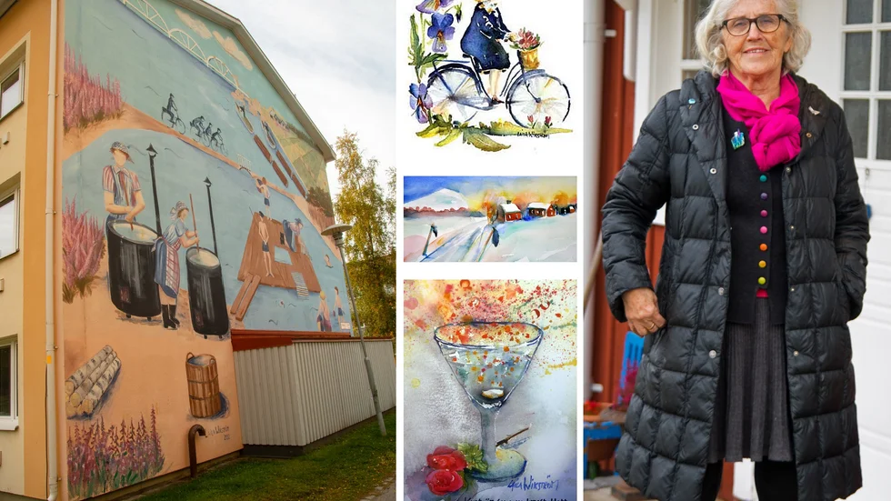 Laila Wikströms muralmålning i bostadsområdet Tuna i Luleå visar barndomstiden i hembyn Södra Sunderbyn. Hon målade främst akvareller. Här ses Laila Wikström utanför ateljén i byn.