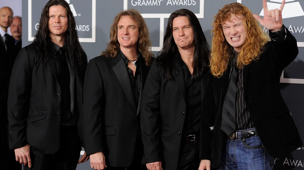 Megadeths sparkade basist David Ellefson är inte välkommen tillbaka, enligt bandets frontman Dave Mustaine. Från vänster Chris Broderick, David Ellefson, Shawn Drover och Dave Mustaine. Arkivbild.