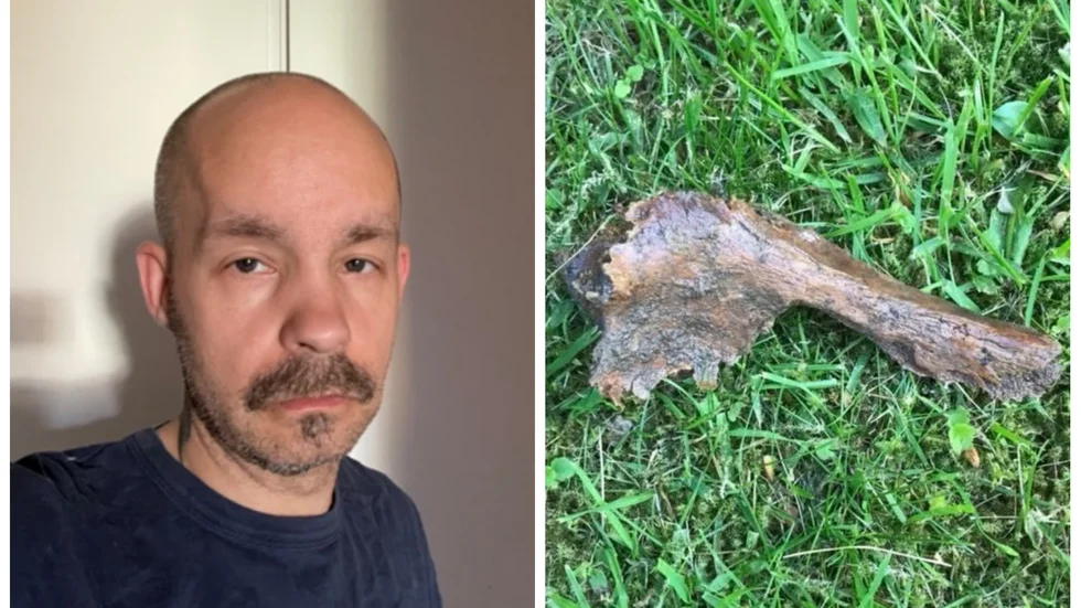Till vänster Fredrik Sjökvist och till höger den ca 20cm långa benbit som han grävde upp på Skeda kyrkogård. 