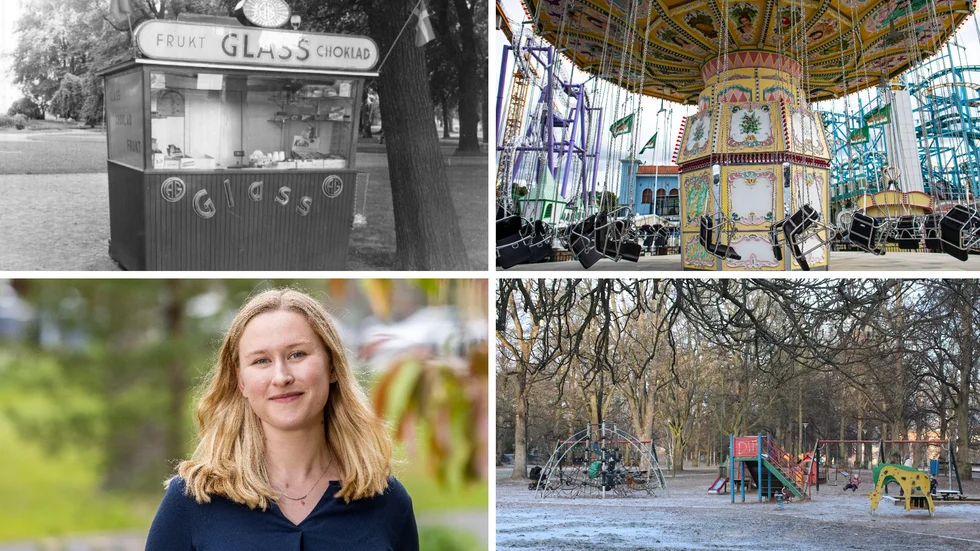 Olivia Thörn, landskapsarkitekt, ser fram emot att lekplatsen förvandlas till en mer färgglad och livfull plats. Längst ner till höger ser man hur Folkparkens lekplats ser ut idag.