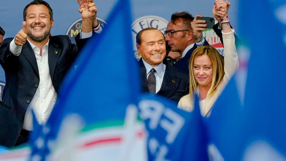 Valvinnare. Matteo Salvini, Silvio Berlusconi och Giorgia Meloni på ett valmöte i Rom den 22 september.