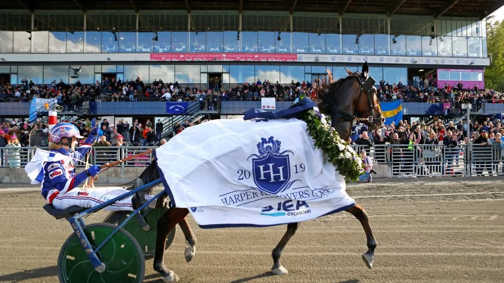 Eelis och finske kusktalangen Olli Koivonen segerdefilerar efter triumfen i Harper Hanovers lopp på Solvalla, lördag eftermiddag.