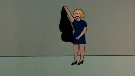 Stillbild ur filmen Strip-tease (1981), där kvinnan klär av sig plagg efter plagg för att sedan helt byta skepnad.