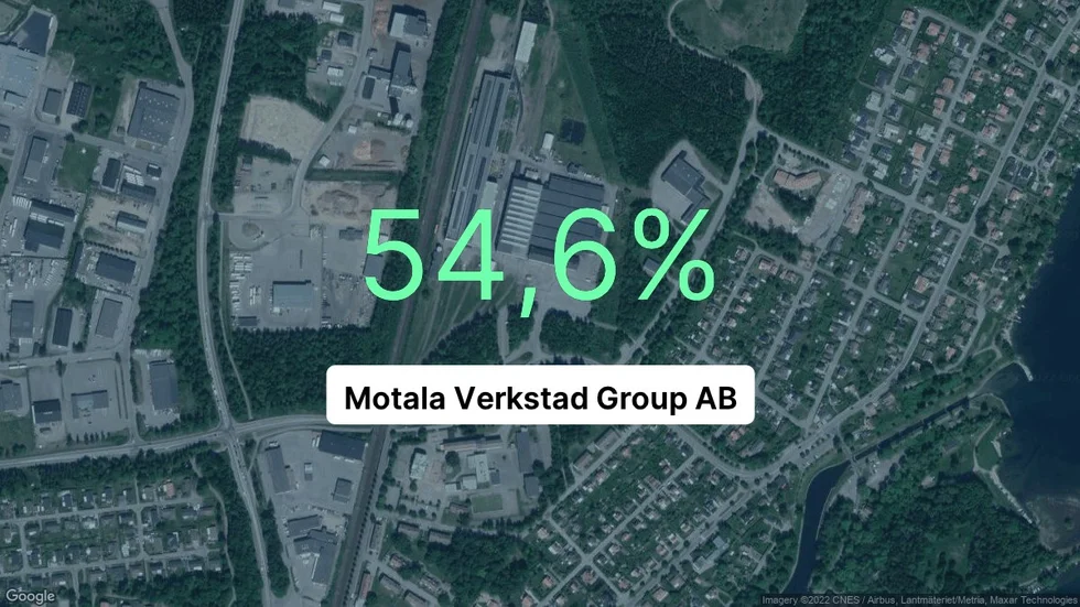 Illustrationen visar rörelsemarginalen för Motala Verkstad Group för det senaste året. Bakgrunden är en satellitbild över företagets adress.