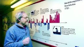 - Det är det här debatten handlar om, säger meteorolog Hans Alexandersson. Diagrammet visar på temperaturavvikelserna. De röda staplarna (de senaste åren) ligger över medelvärdet.