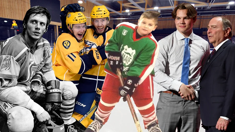 Anders Håkansson, Petter Granberg, Isac Lundeström och Axel Sandin Pellikka som skakar hand med NHL-bossen Gary Bettman.