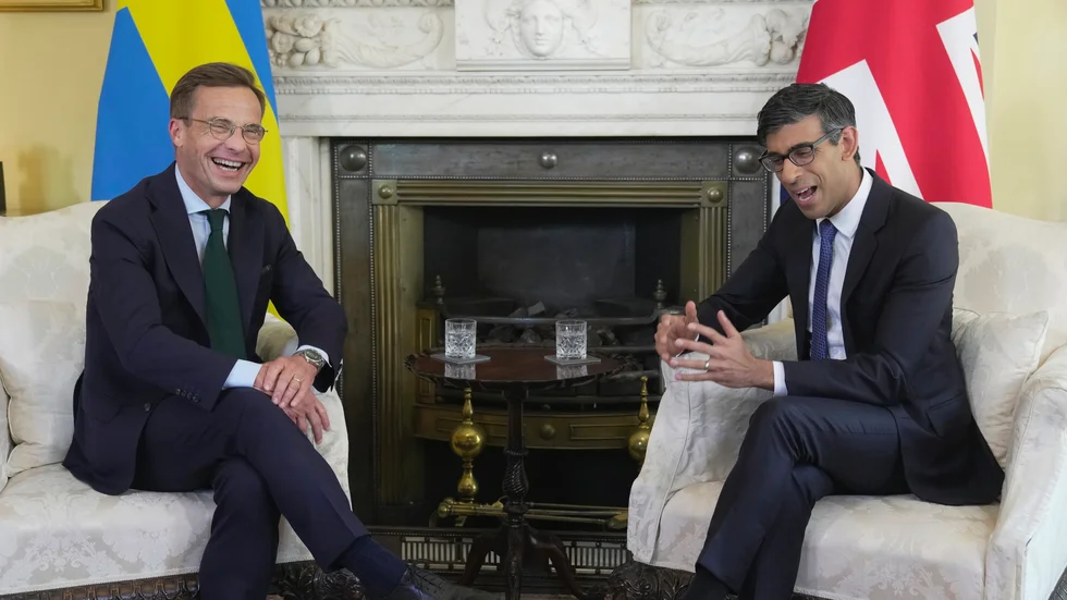 Svenska statsministern Ulf Kristersson och Storbritanniens premiärminister Rishi Sunak på 10 Downing Street.