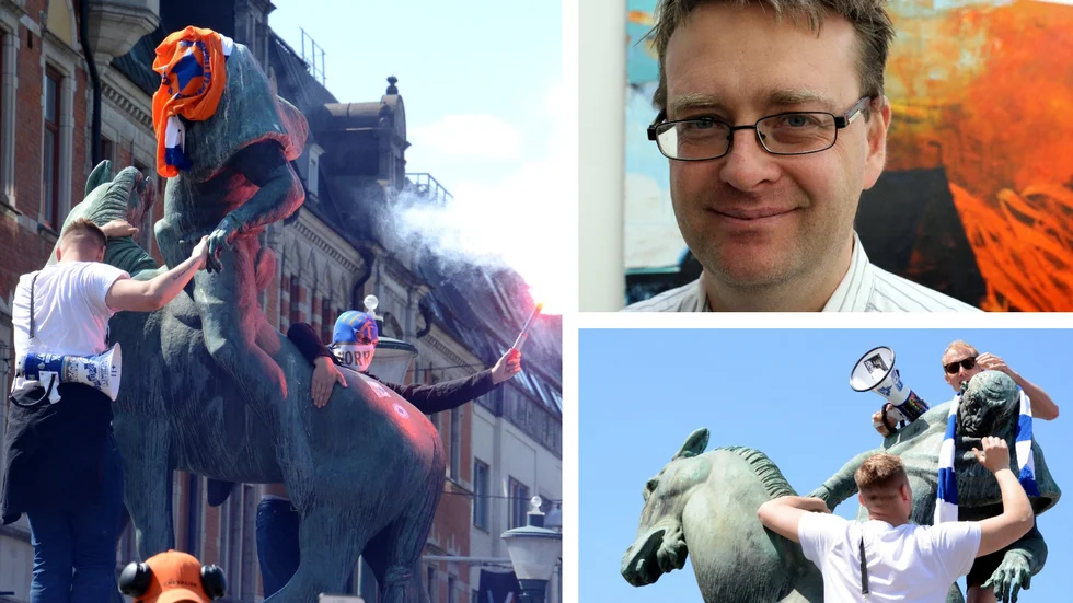 Linköpings kommuns konstchef Lars-Ove Östensson är orolig efter IFK Norrköpings-fansens hantering av Folke Filbyter-statyn under söndagen.