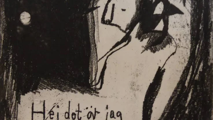 Evelina Holmlund ”Hej, det är jag som är lilla vemodet”, grafik, etsning.