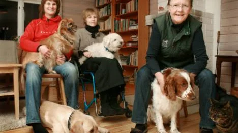 Barbro Harjunpää, Helena Kuru, Margaretha Kauppi har bildat en ny lokalavdelning till  föreningen Djurskydd som kan få del av en miljondonation. På bilden syns också hundarna Paula, Ruben, Felix och Leo.FOTO: HANS STERNLUND