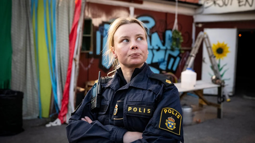 Amanda Jansson som Sara under inspelningen av tv-serien "Tunna blå linjen" 2021. Arkivbild.
