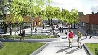 Så här kommer den nya entrén till Hertsö torg att se ut när upprustningen är klar. De nuvarande skärmtaken runt hela torget försvinner.