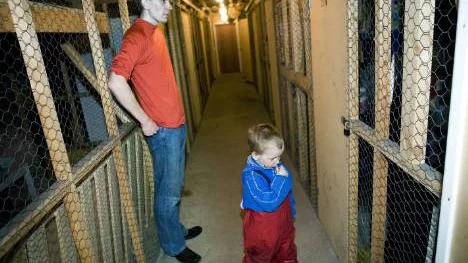 Otto Liljansalo visar hur det ser ut i förrådet på vinden. Sonen Jesse är med.