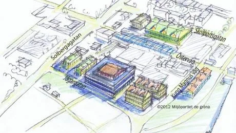 Östercentrum. Ett stort parkeringshus ska frigöra parkeringsytor som kan användas för nya bostäder. I visionen har Östercentrum fått glastak och Åhléns parkering har byggts på med lägenheter.