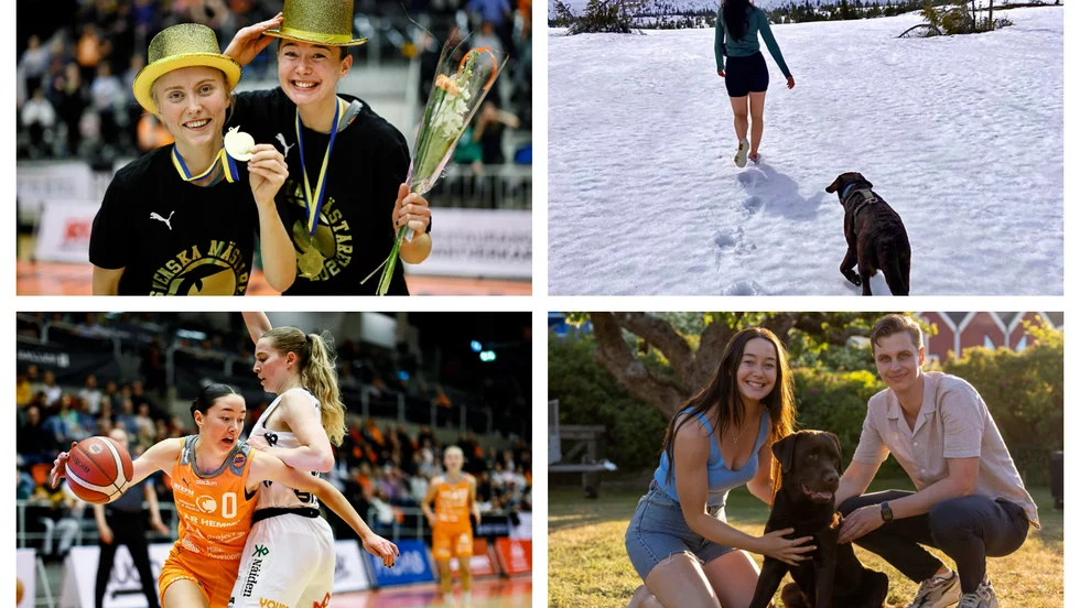 Rakel Gyberg firar SM-guldet med Anna Lundquist, ute på promenad med hunden Frank, försöker passera Luleås Ellen Nyström och poserar med pojkvännen Anton Knutsson och Frank.