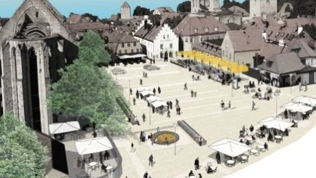 Vinnande förslag. Så här ser det vinnande förslaget i tävlingen om Stora torgets omdaning ut. Mycket sittplatser, fasta uteserveringar och en stor öppen yta.Skiss: Sydväst arkitektur och landskap samt Malmström Edström med flera.