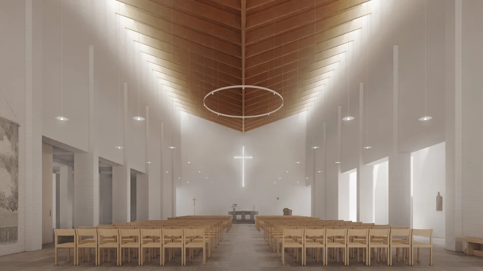 "Det sakrala kyrkorummet präglas av dess vitkalkade väggar, ett skeppsliknande tak och rader av enkla trästolar", skriver arkitekterna i ett pressmeddelande. 