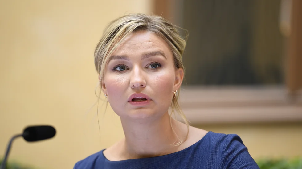 Energi- och näringsminister Ebba Busch (KD) under pressfika med regeringen där närvarande statsråd redogör för dagens regeringsbeslut samt aktuella frågor.