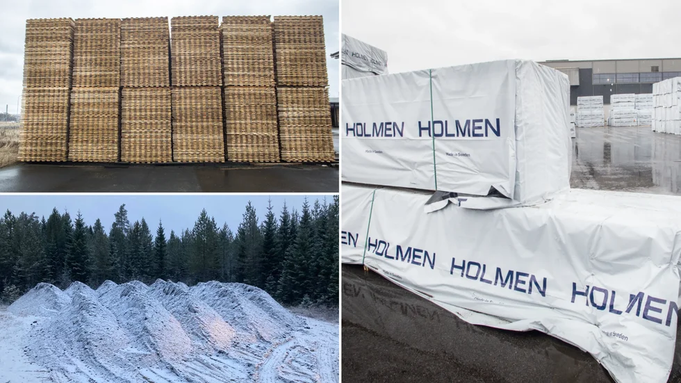 Träaska, gömd under snö på bilden till vänster, är en restprodukt från Holmens sågverk. Nu vill de se till att den kommer till nytta.