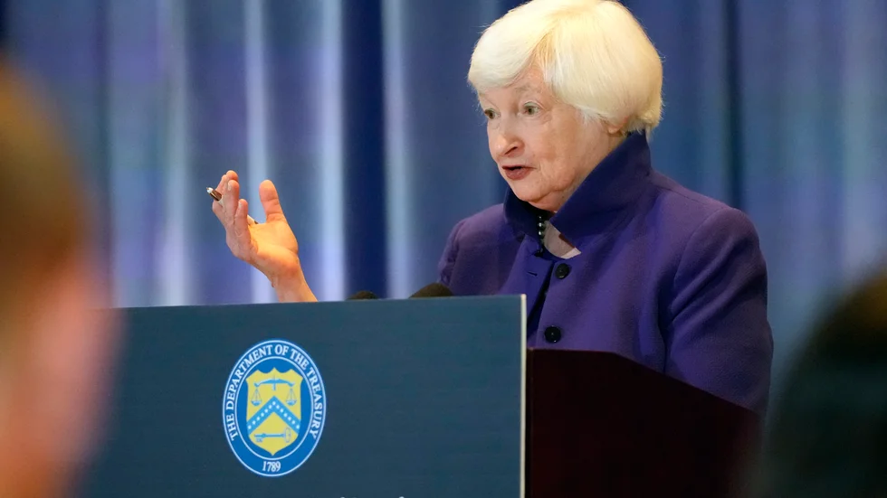 USA:s finansminister Janet Yellen vid en pressträff efter ett möte med Kinas vice premiärminister He Lifeng.