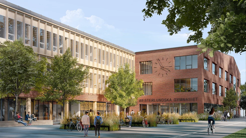 Entrétorget till nya Westerlundska gymnasiet.