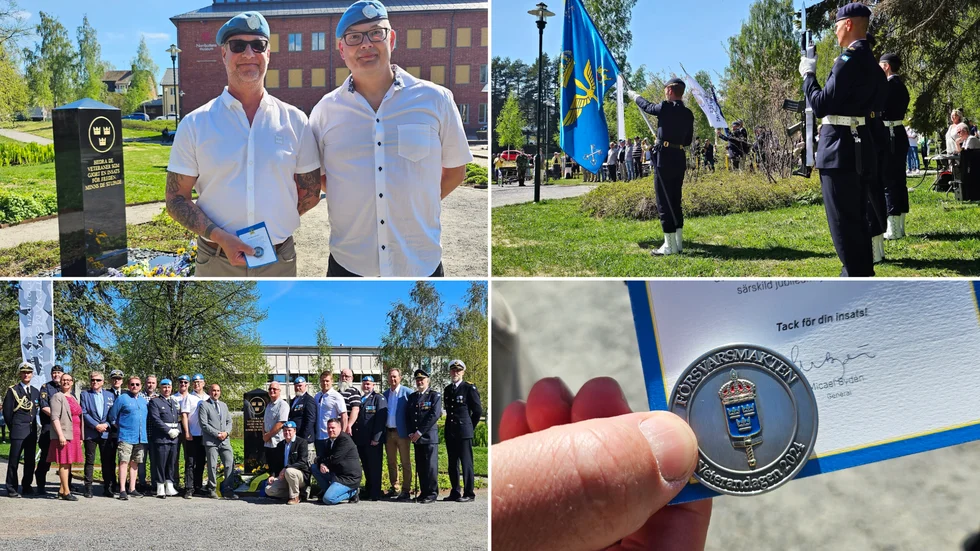 På veterandagen som inföll i går hedrades Sveriges Balkanveteraner. Under ceremonin fick de ta emot en jetong som ett tack för sina insatser. Längst upp till vänster syns veteranerna Niklas Johansson och Erik Lindstedt. Hemvärnets musikkår stod för musiken.