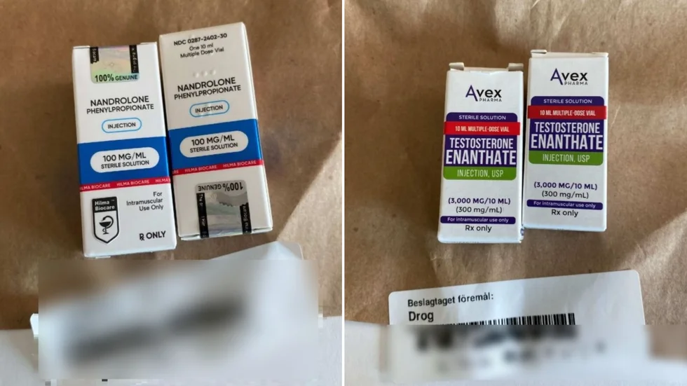 Två dopingpreparat som hittades hemma hos mannen. Bilderna är hämtade ur från polisens förundersökningsprotokoll.