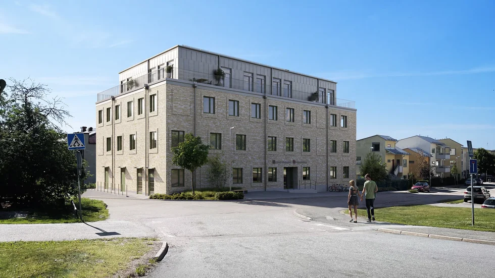 Nya vårdbyggnaden får en fasad i ljust gult, sandfärgat tegel med ljusgrå struken fog, enligt skissen i bygglovshandlingarna.