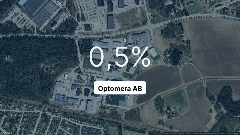 Illustrationen visar rörelsemarginalen för Optomera för det senaste året. Bakgrunden är en satellitbild över företagets adress.